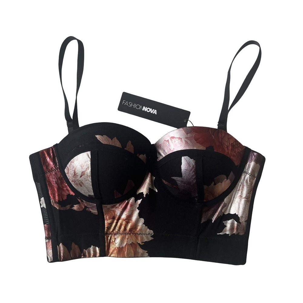 NWT Forever21 Size S Metallic Floral Black Bralette Convertible Strapless Corset